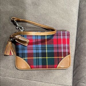 Coach vintage Red and Tan Plaid Wristlet Clutch wool with leather trim